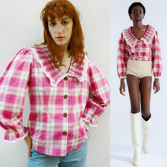 TACH Plaid Lace Trim Embroidered Smocked Peter Pan Collar Ruffle Cuff Top XS - Picture 5 of 16